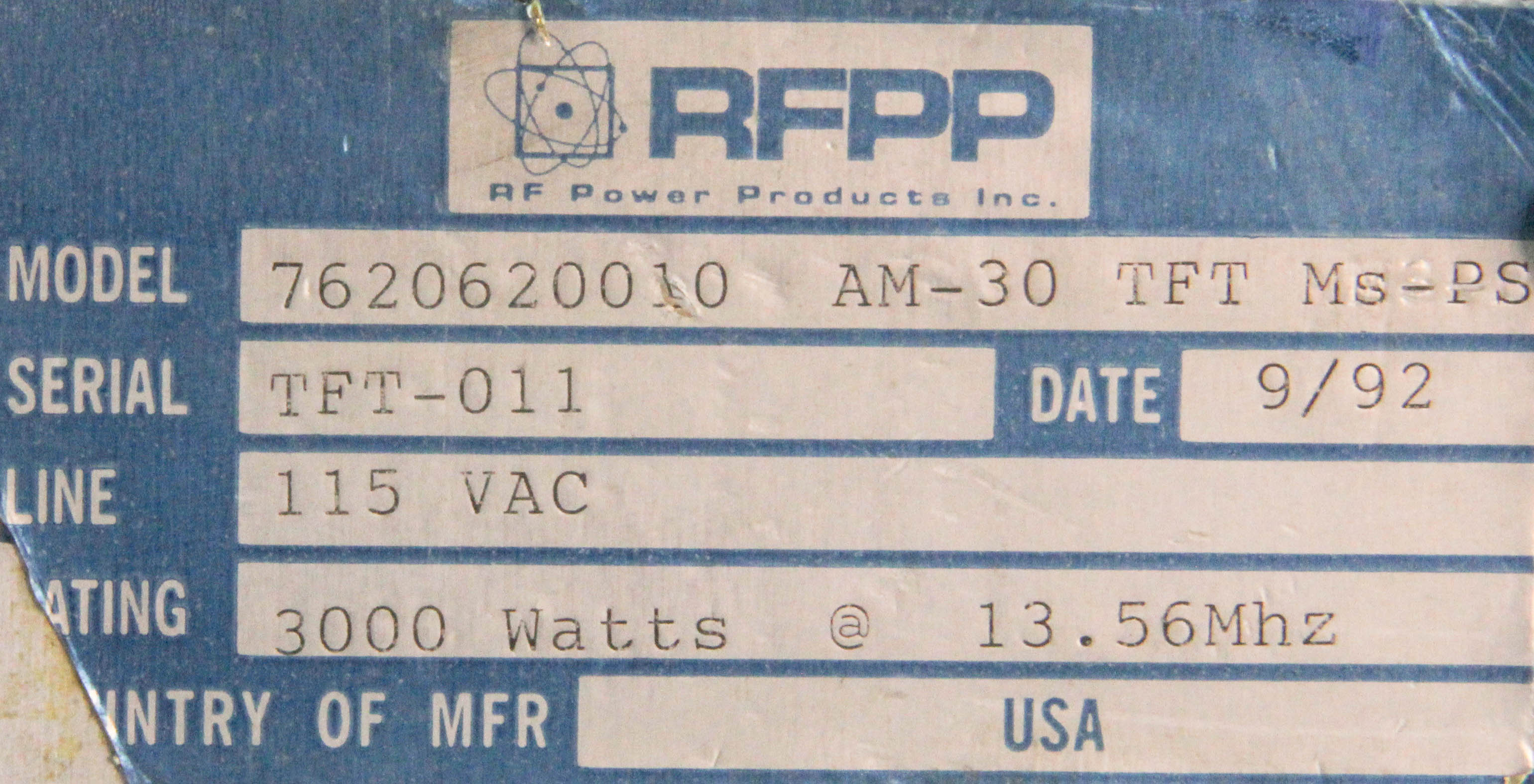 10858 RFPP RF MATCH, AM-30 TFT MS-PS,115 VAC, 3000W, 13.56MHZ